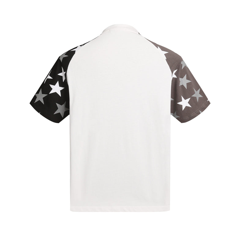 White raglan tee with star-patterned sleeves and a clean back view in a Gothic Y2K streetwear style