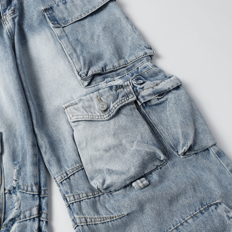 Distressed Multi-Pocket Cargo Denim Pants | Streetwear