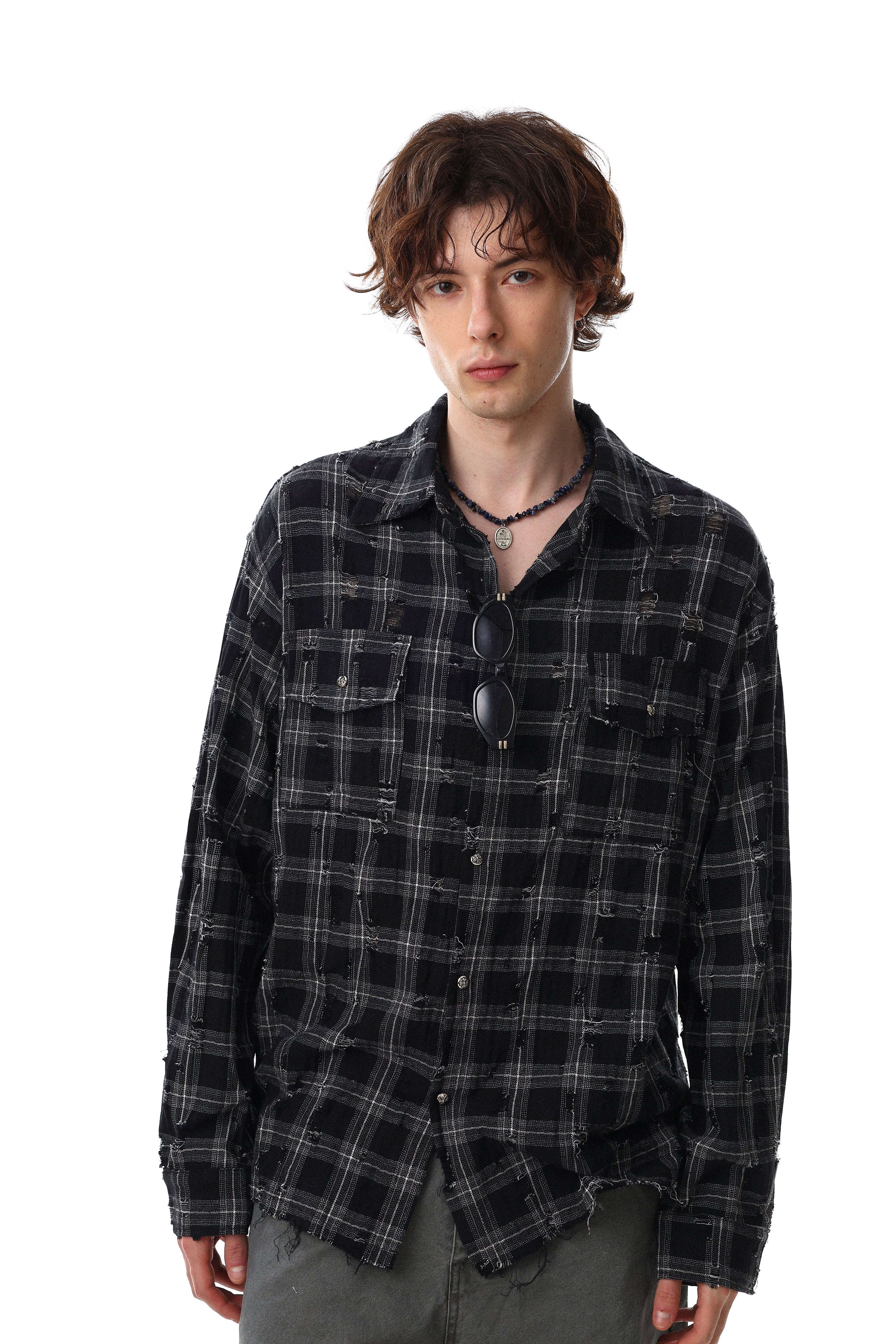 Distressed Plaid Shirt Jacket | Frayed Flannel Overshirt