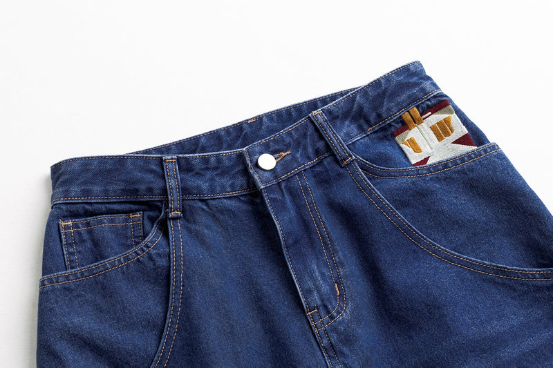Omirad Embroidered Wide-Leg Cotton Denim Pants | Deep Blue