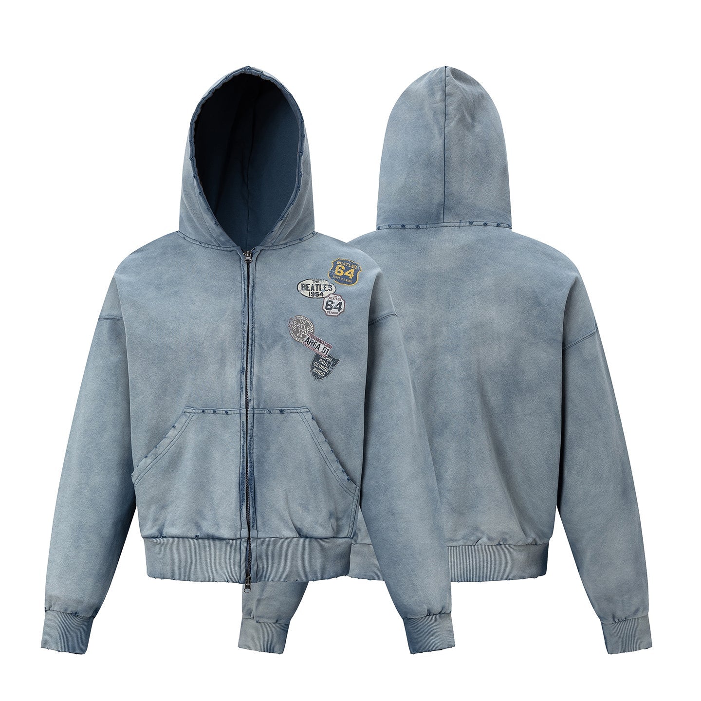 Omirad Vintage Patch Zip-Up Hoodie | Washed Blue Cotton