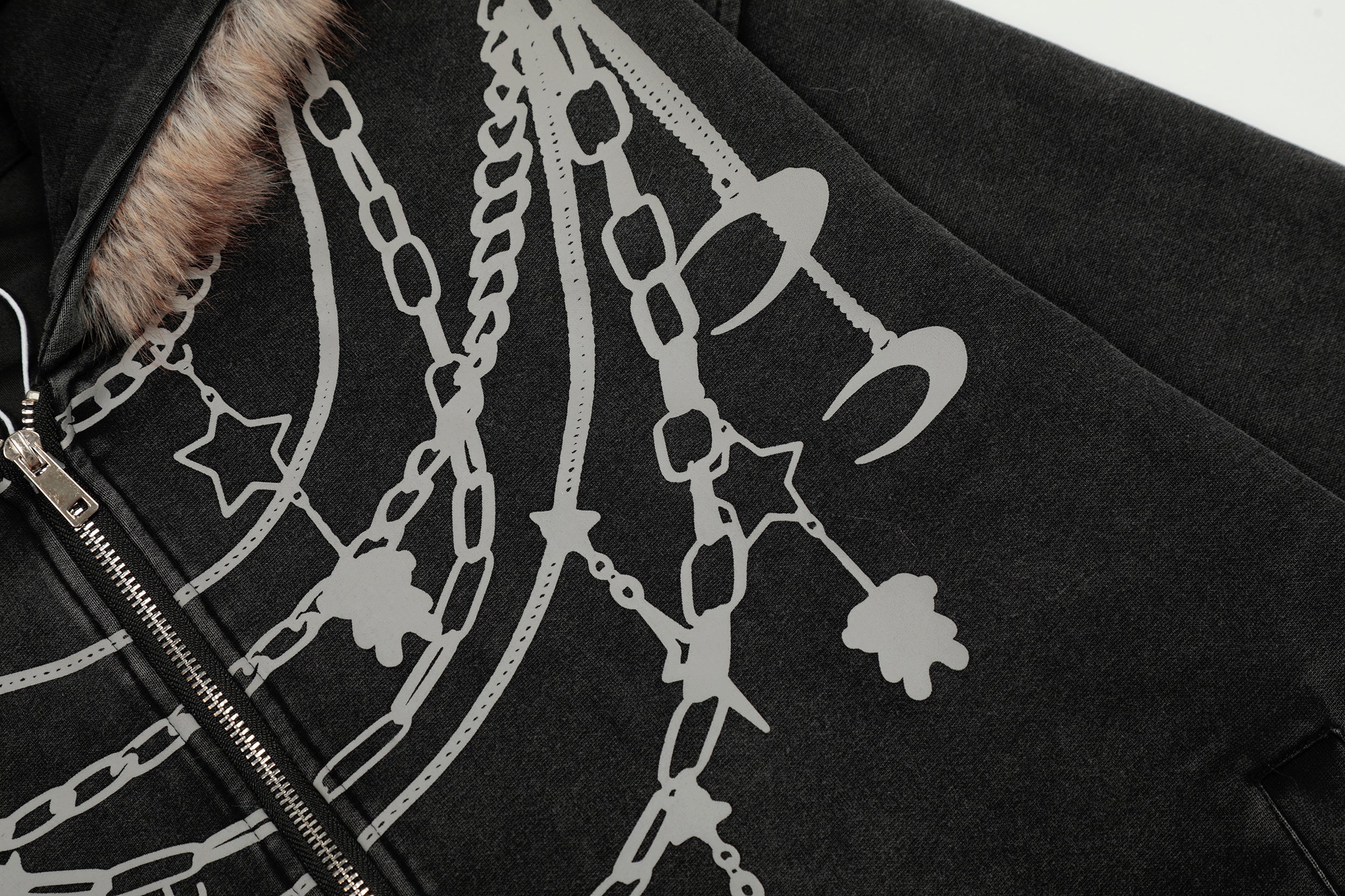 Chain Print Faux Fur Trim Zip-Up Hoodie Jacket | Dark Streetwear