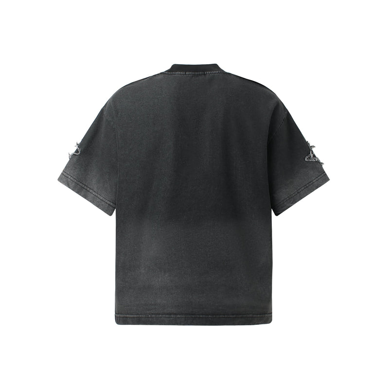 Black washed graphic T-shirt with distressed sleeve patches and a vintage faded finish, shown from the back