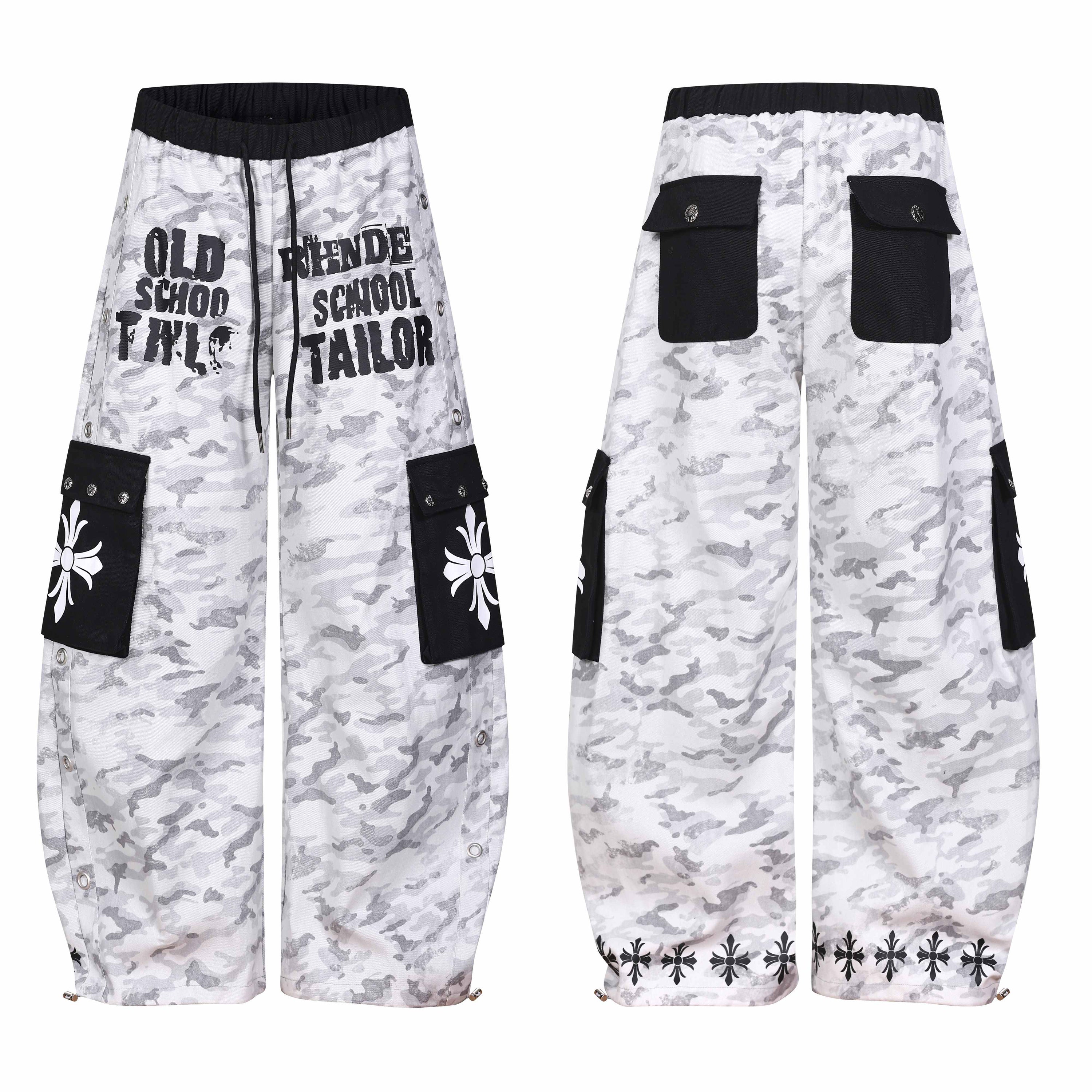 Front and back view of white camo wide-leg cargo pants with black pockets, cross graphics, and bold text print