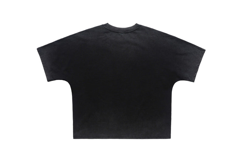 Black oversized vintage washed tee with a loose fit and blank back view, shown flat on a white background