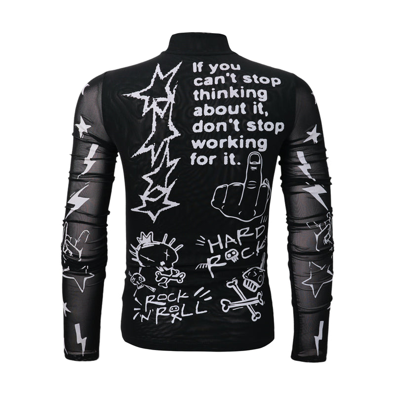 Black turtleneck top with white rock graphics and text, back view