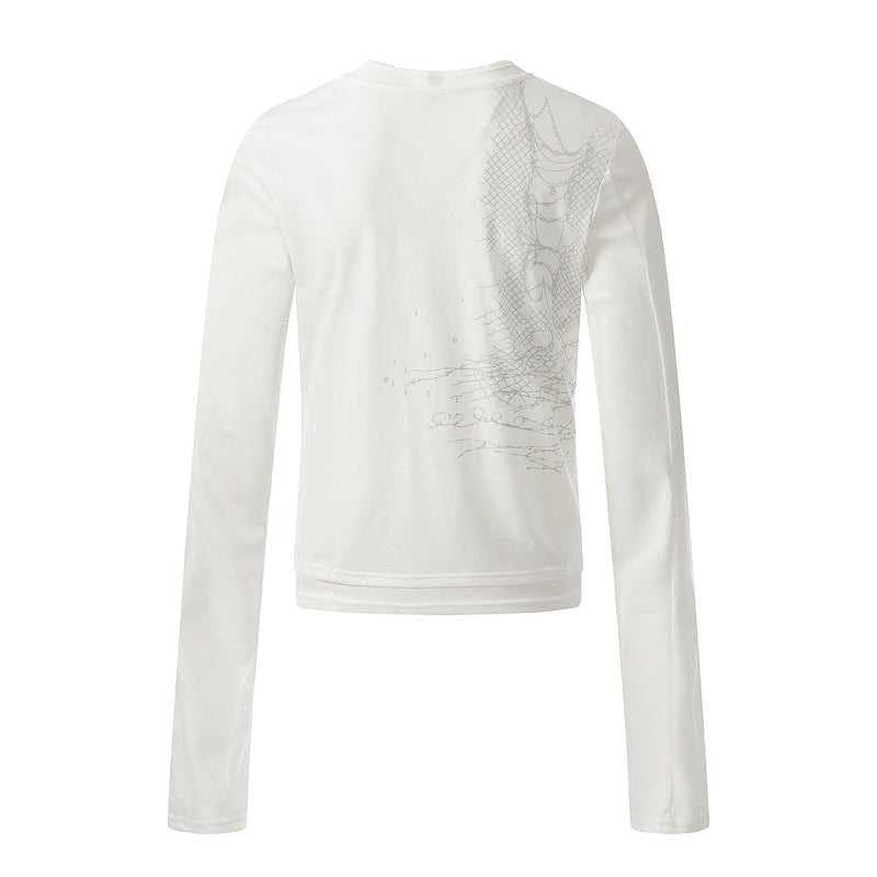 Back view of white long sleeve tee with light gray abstract cracked-line print