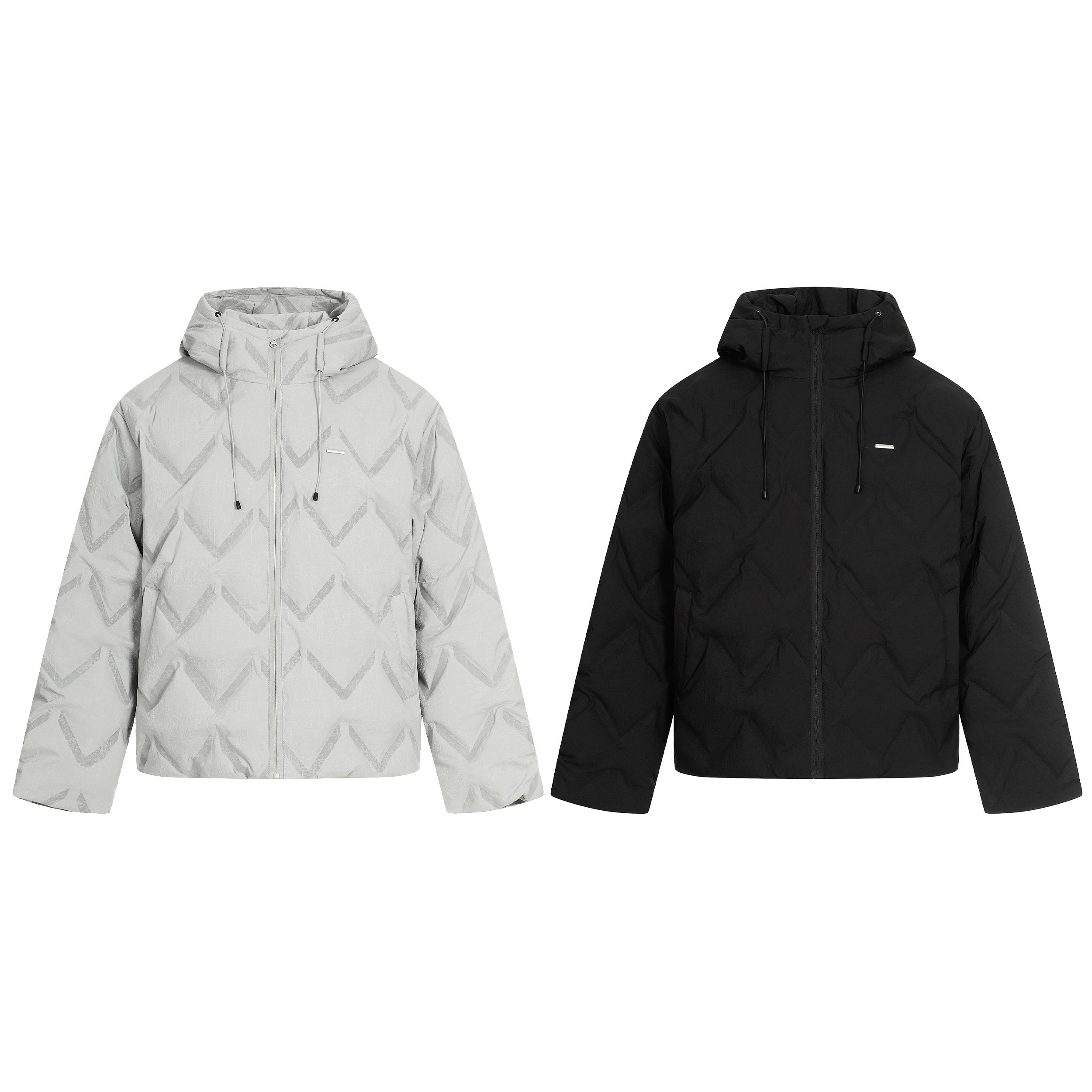 Light grey quilted hooded puffer jacket with diamond stitch pattern and adjustable drawstring hood, front view
