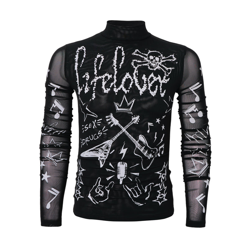 Black turtleneck top with white front graphics, back view