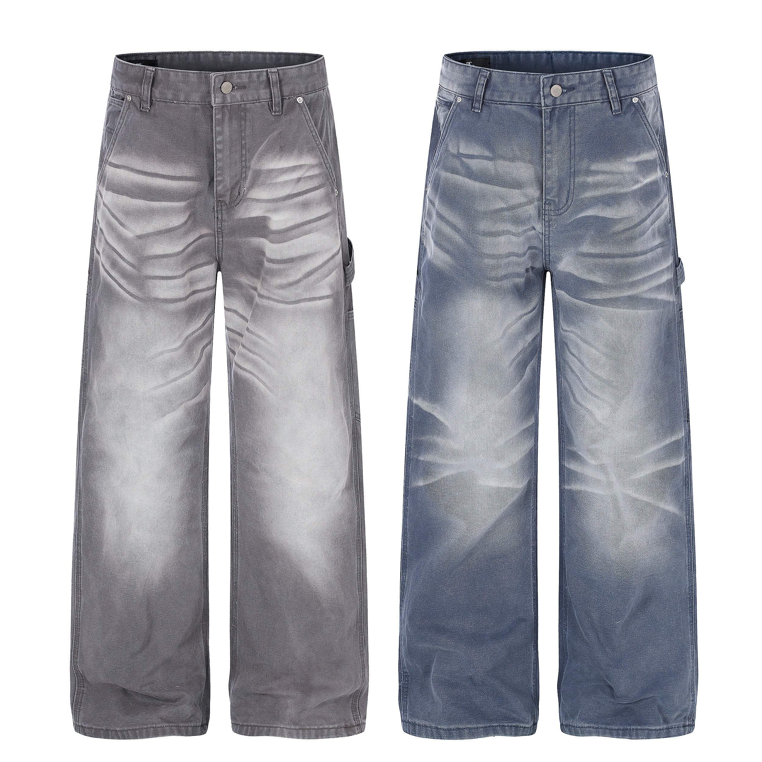 Omirad washed wrinkle effect wide-leg denim jeans in grey and blue colorways, front view on white background