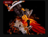 The Rengoku Kyojuro Demon Slayer Figure - Flame Hashira, a 28cm high-quality PVC model by Demon Slayer, features dynamic motion, with vivid orange and red flames at its feet as he wields a sword. A black background with Japanese text captures the essence of the Flame Hashira.