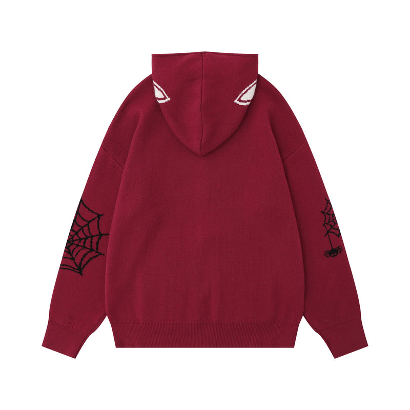 Burgundy knit zip hoodie back view with white hood accents and black spiderweb sleeve detail