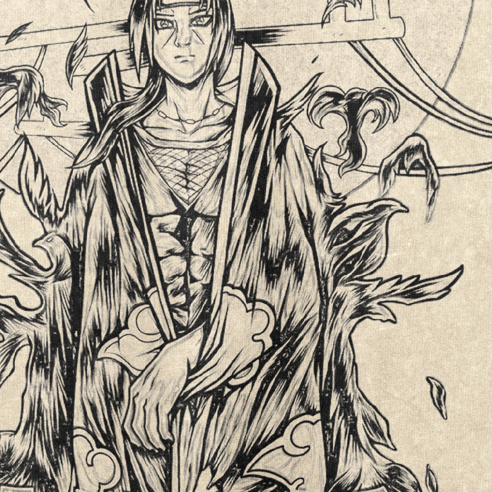 A detailed black-and-white illustration of a figure in a vintage anime-style ornate robe with leaf patterns, standing before a circular symbol. Their neutral expression and long hair evoke Naruto Itachi Uchiha Akatsuki&