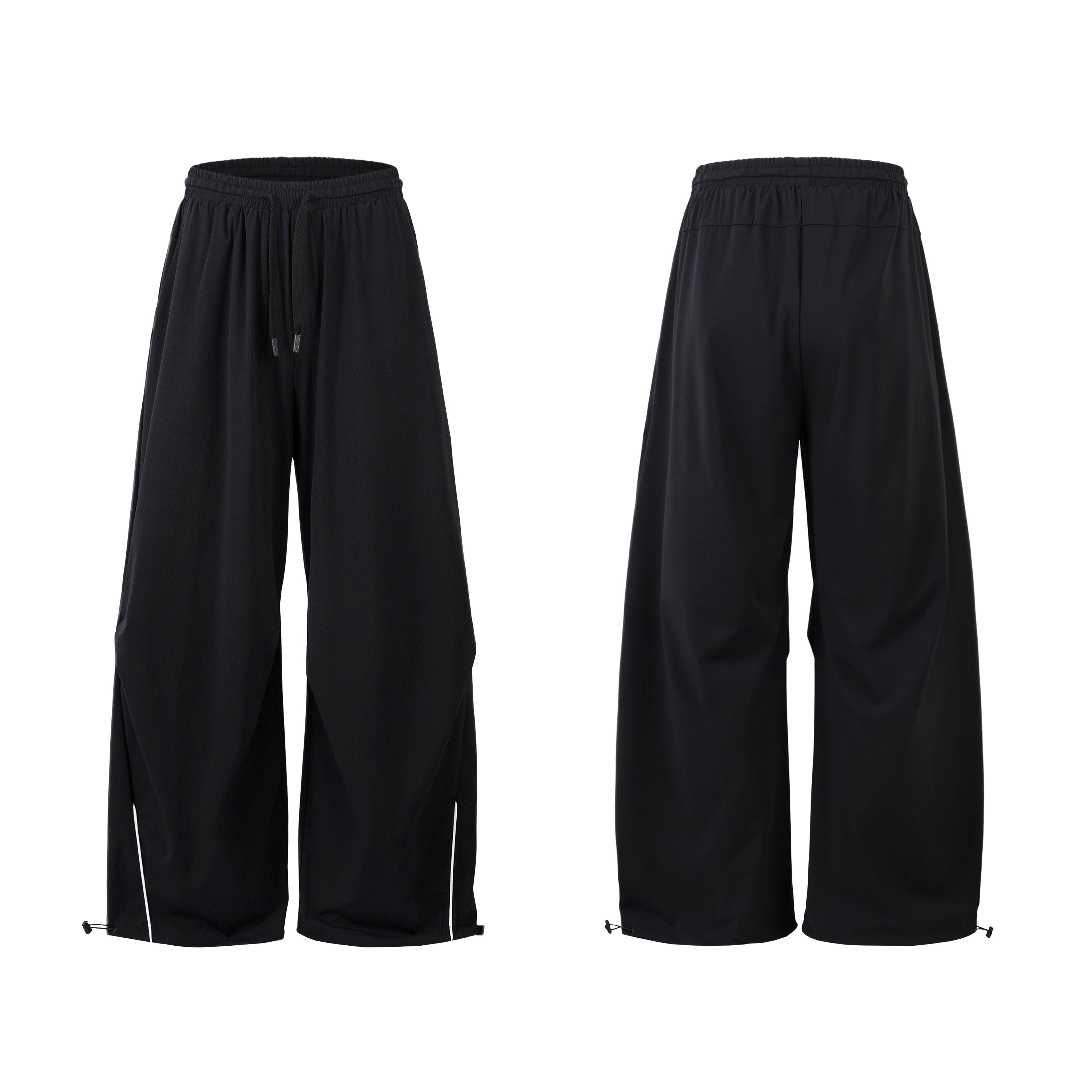 Black wide-leg tech nylon parachute pants shown front and back with drawstring waist and adjustable hem cords