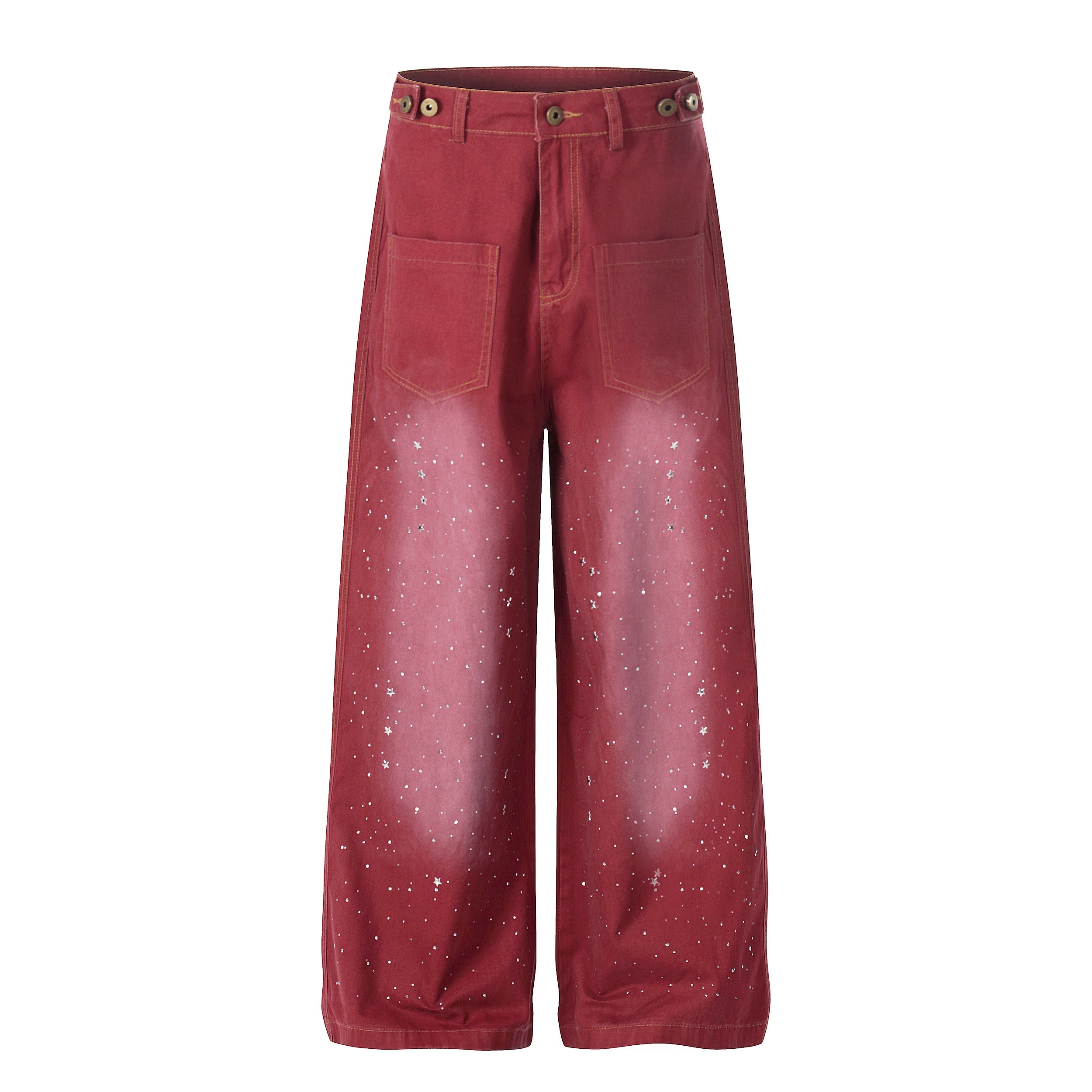 Vintage Red Wide-Leg Jeans | Rhinestone Star Splatter Denim