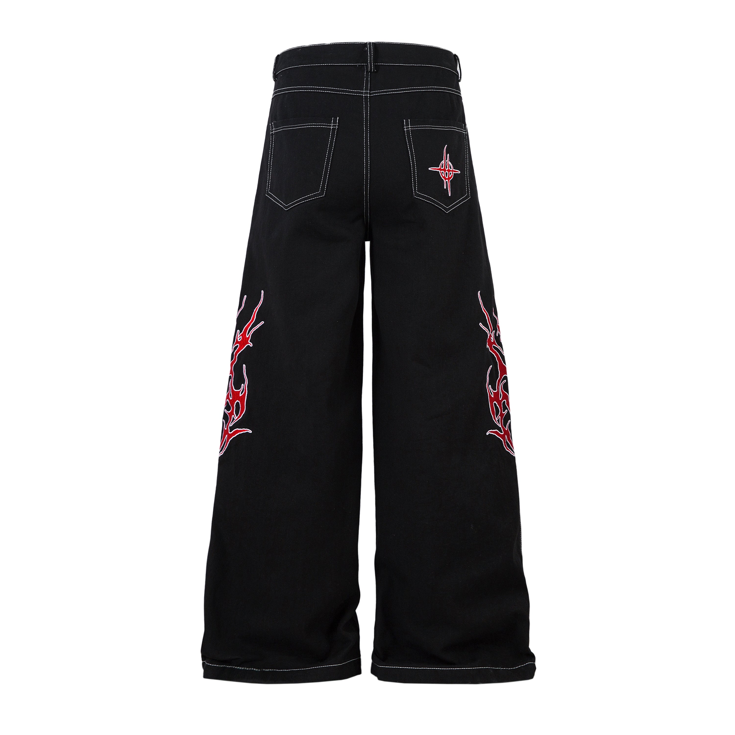 Flame Graphic Wide-Leg Black Denim Jeans | Streetwear
