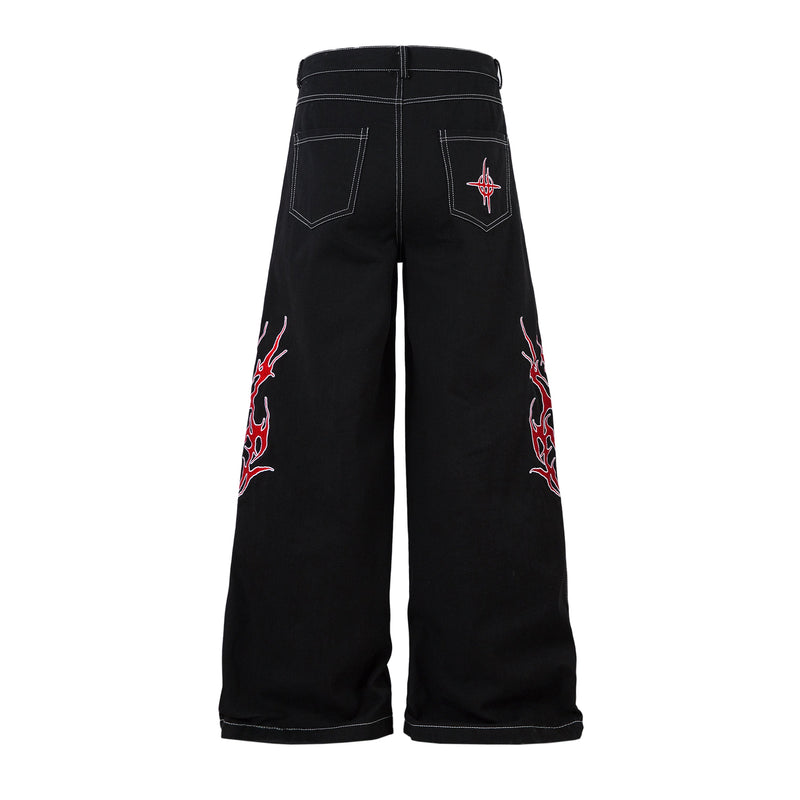 Flame Graphic Wide-Leg Black Denim Jeans | Streetwear