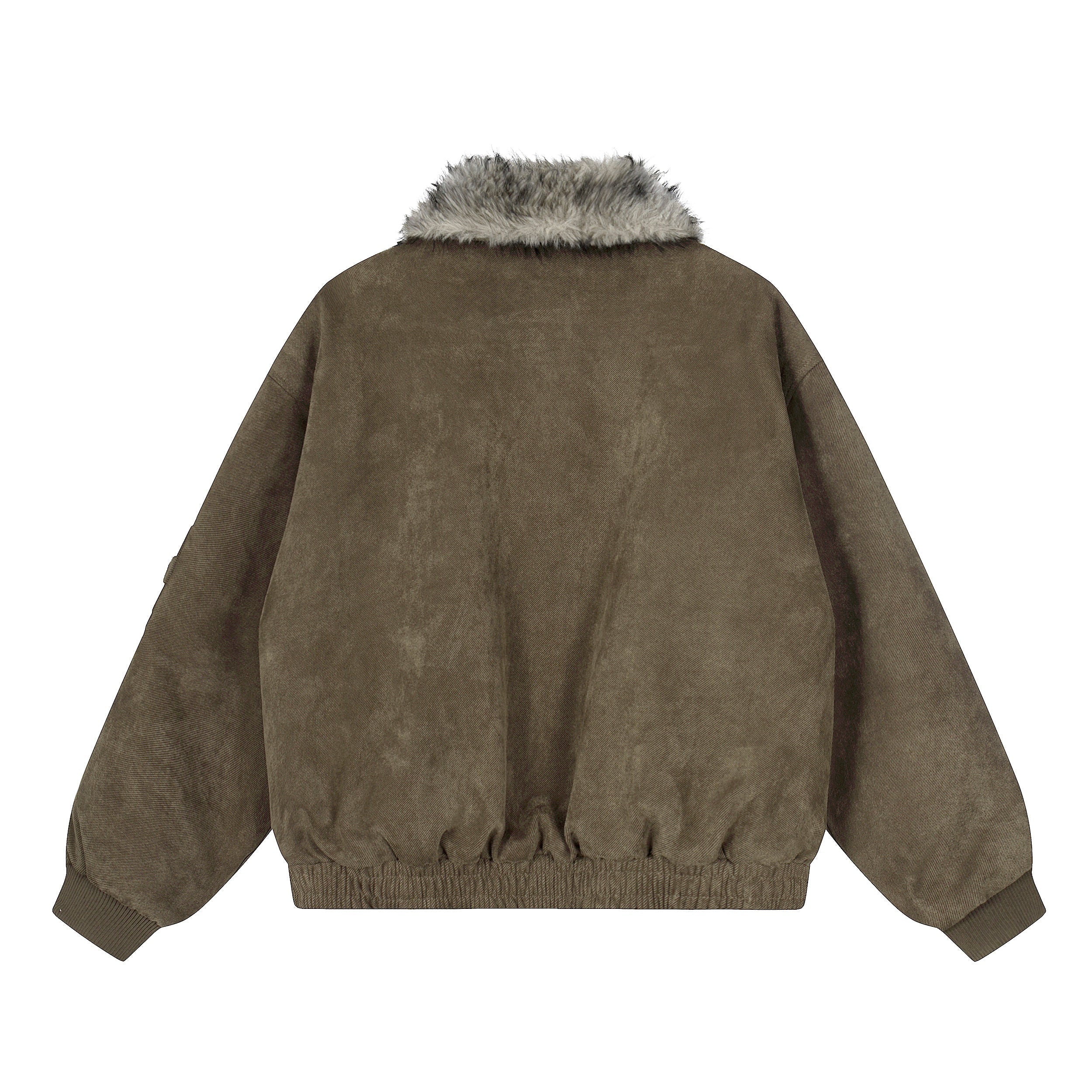 Faux Fur Collar Suede-Texture Buckle Bomber Jacket