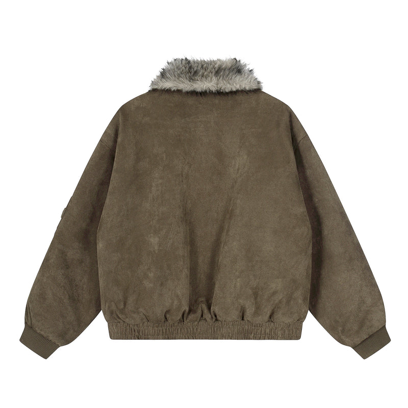 Faux Fur Collar Suede-Texture Buckle Bomber Jacket