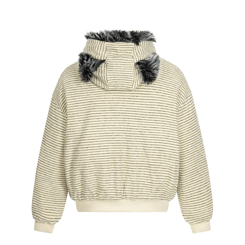 Faux-Fur Lined Striped Zip-Up Hoodie Jacket | SEAKOFF