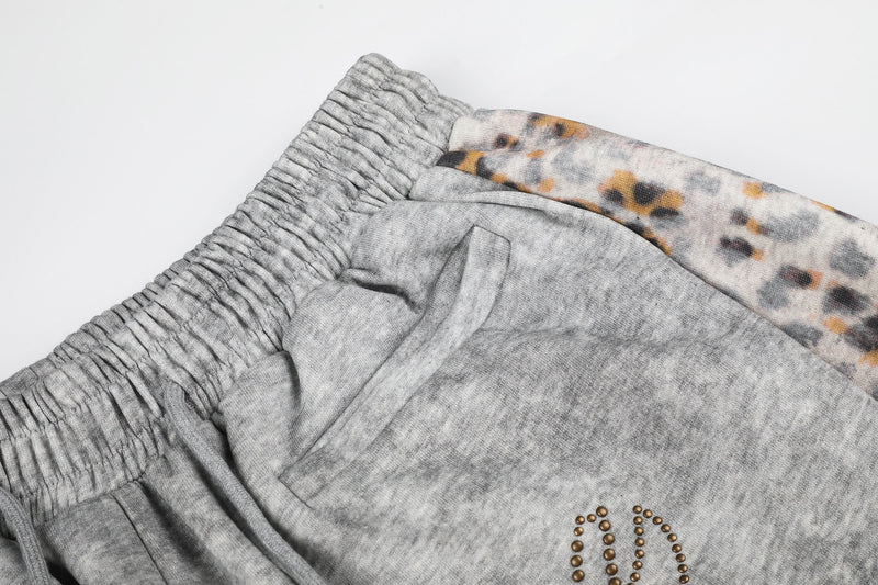 Leopard Panel Wide-Leg Sweatpants | Y2K Rhinestone Logo