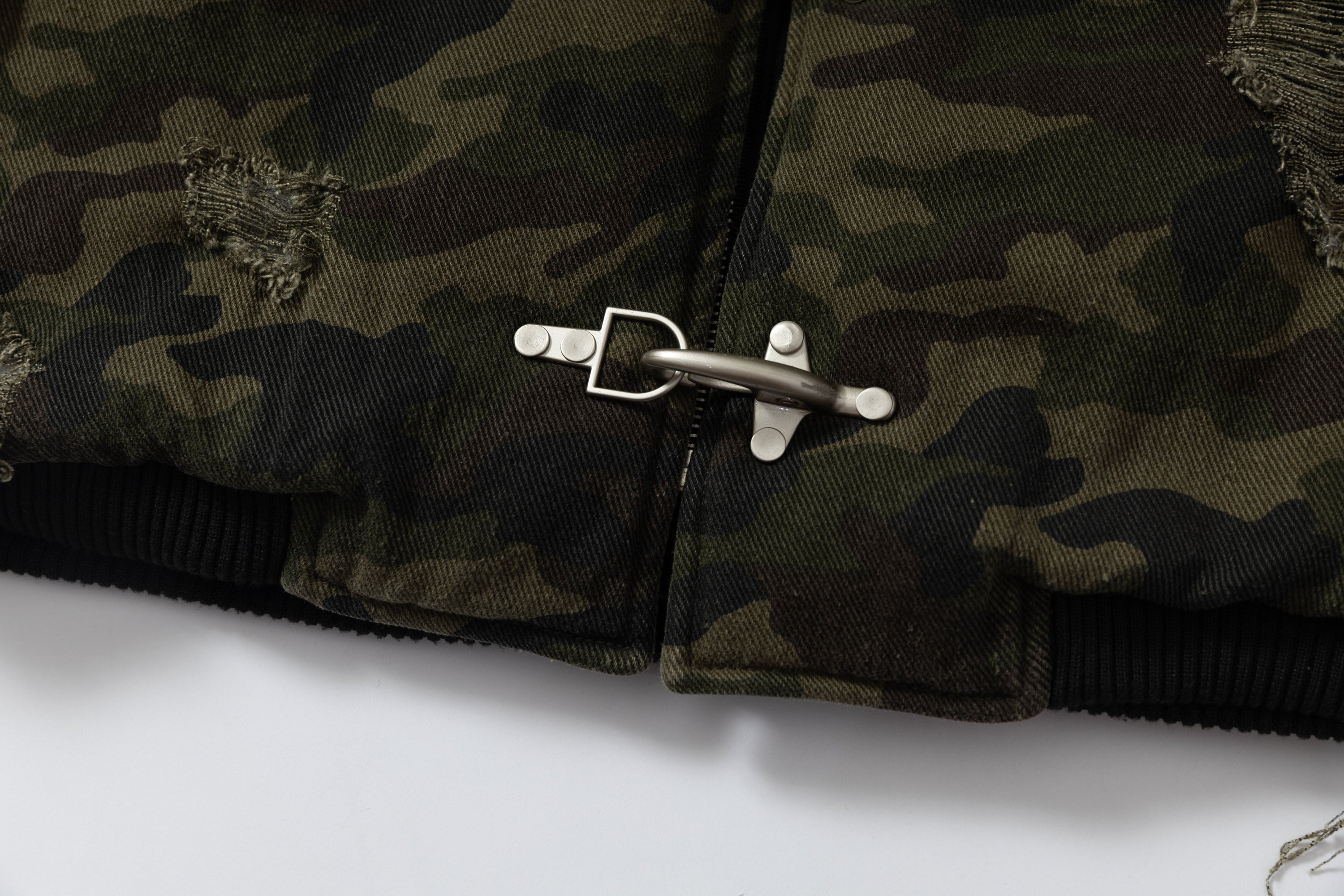 Omirad Camo Hook Detail Distressed Bomber Jacket with Hood