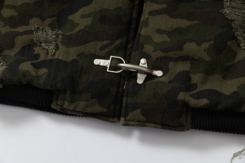 Omirad Camo Hook Detail Distressed Bomber Jacket with Hood