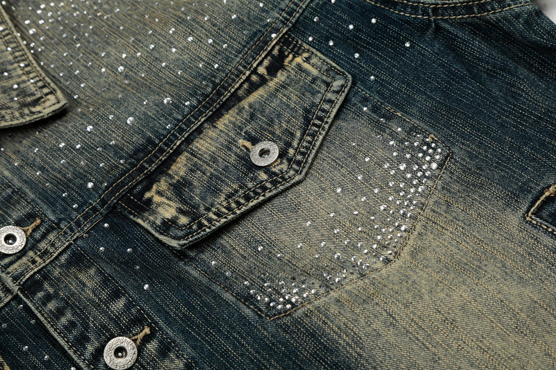 Rhinestone Gradient Denim Jacket | Vintage Wash Street Glam