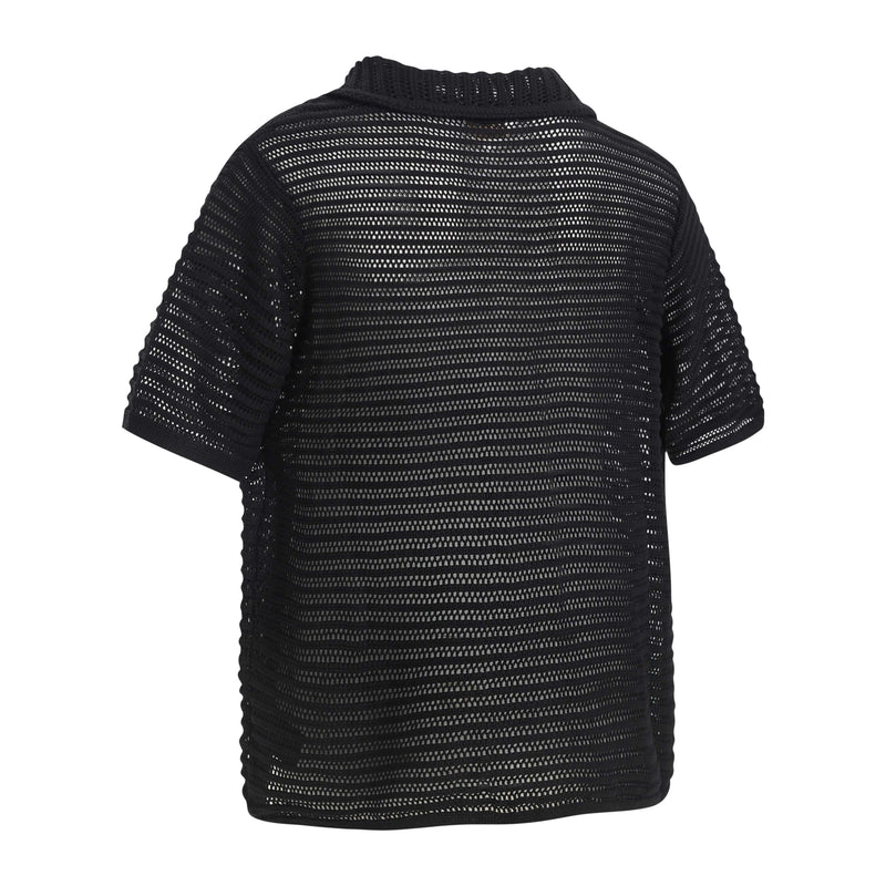 Black open-knit short-sleeve button-up shirt with striped mesh texture and relaxed fit