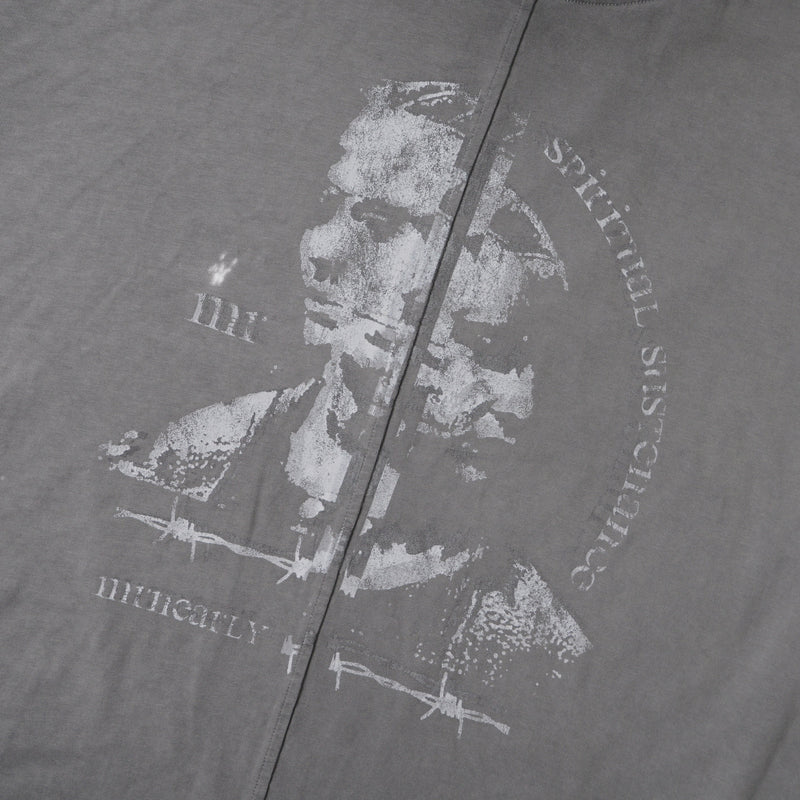 Front graphic close-up on washed grey long sleeve tee with portrait print and curved text