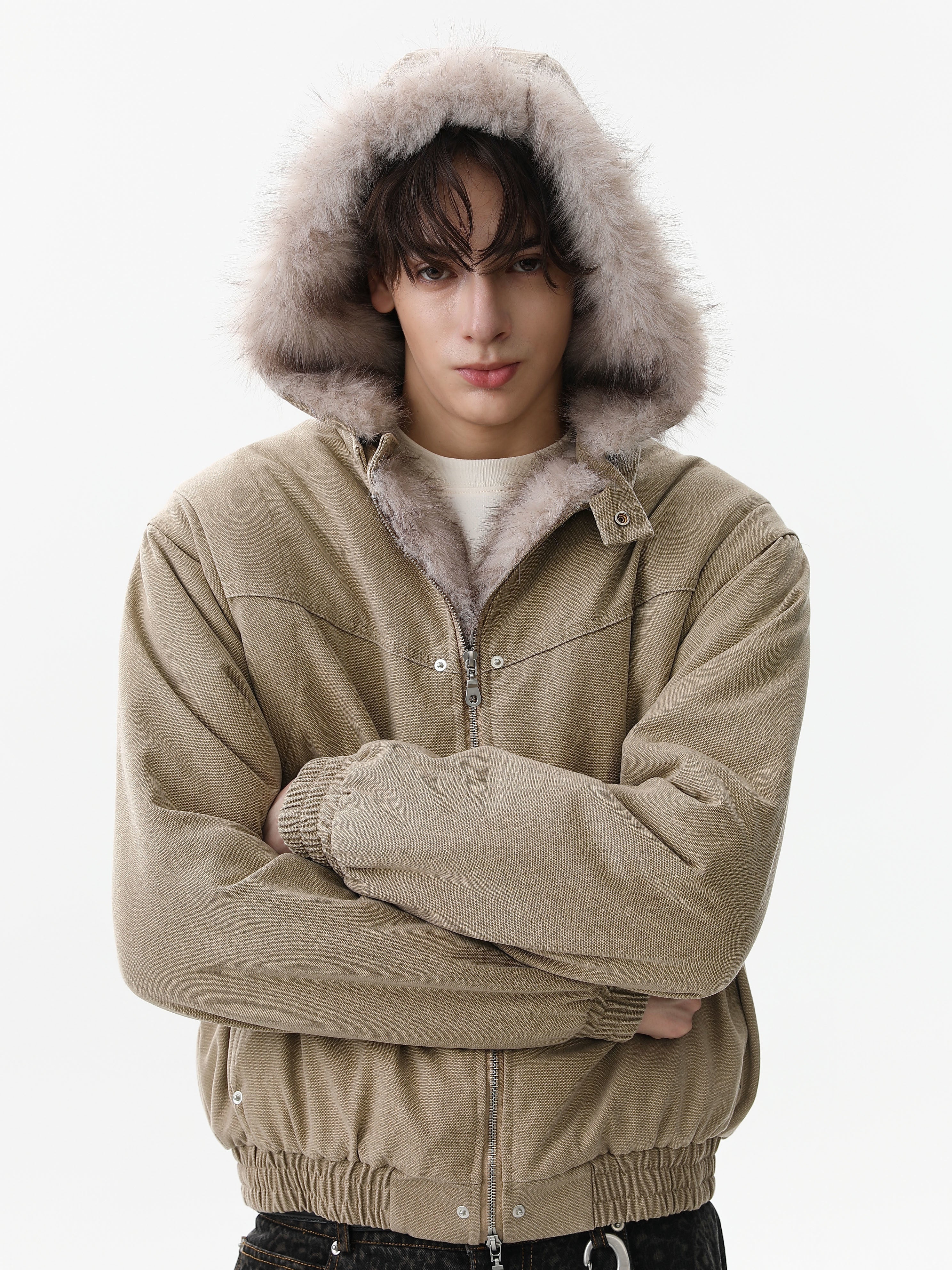 Detachable Fur Collar Washed Workwear Bomber Jacket