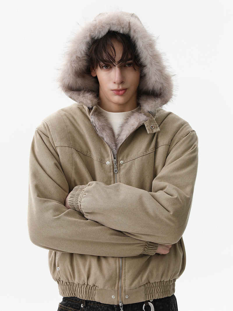 Detachable Fur Collar Washed Workwear Bomber Jacket