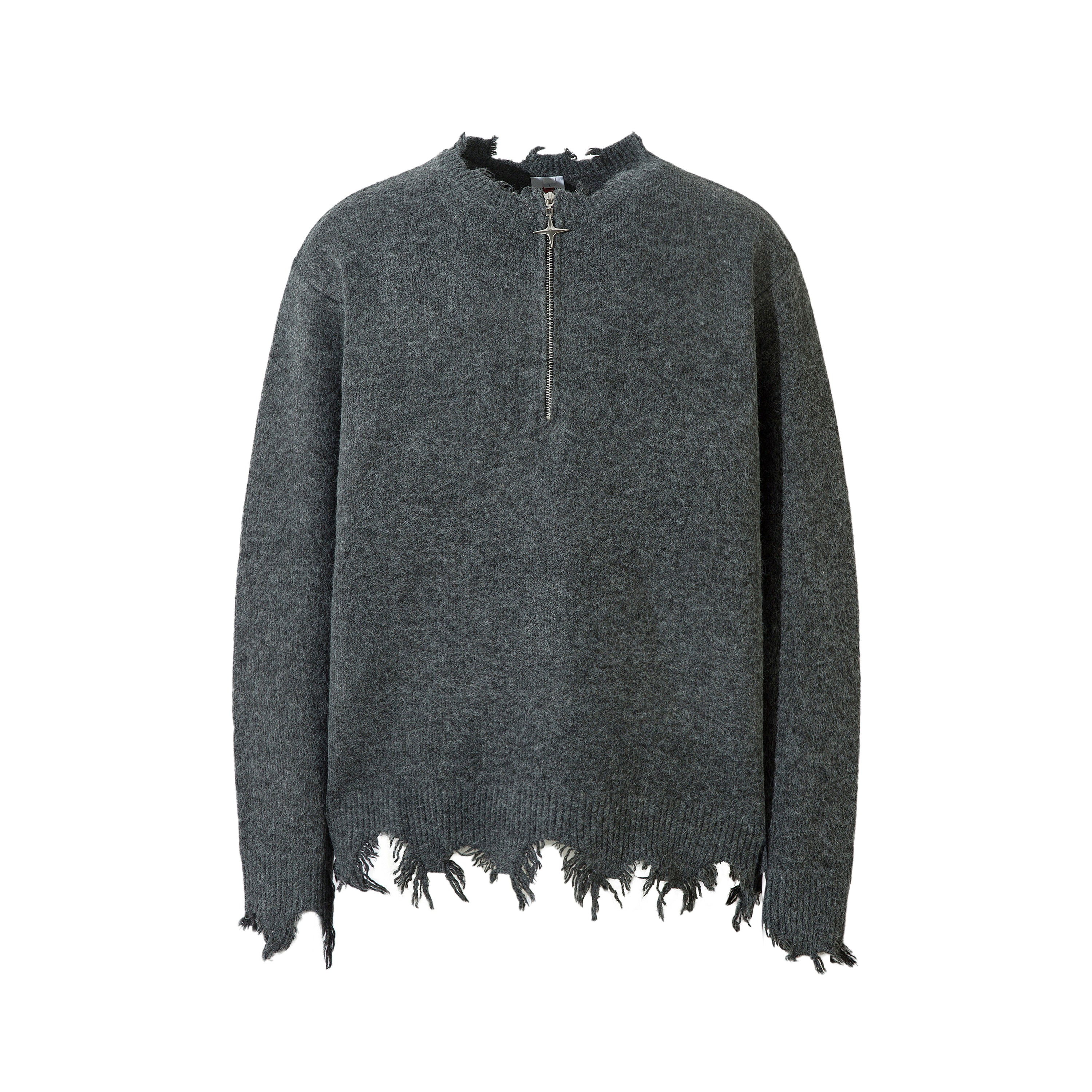 Distressed Hem Half-Zip Knit Sweater | Streetwear Black