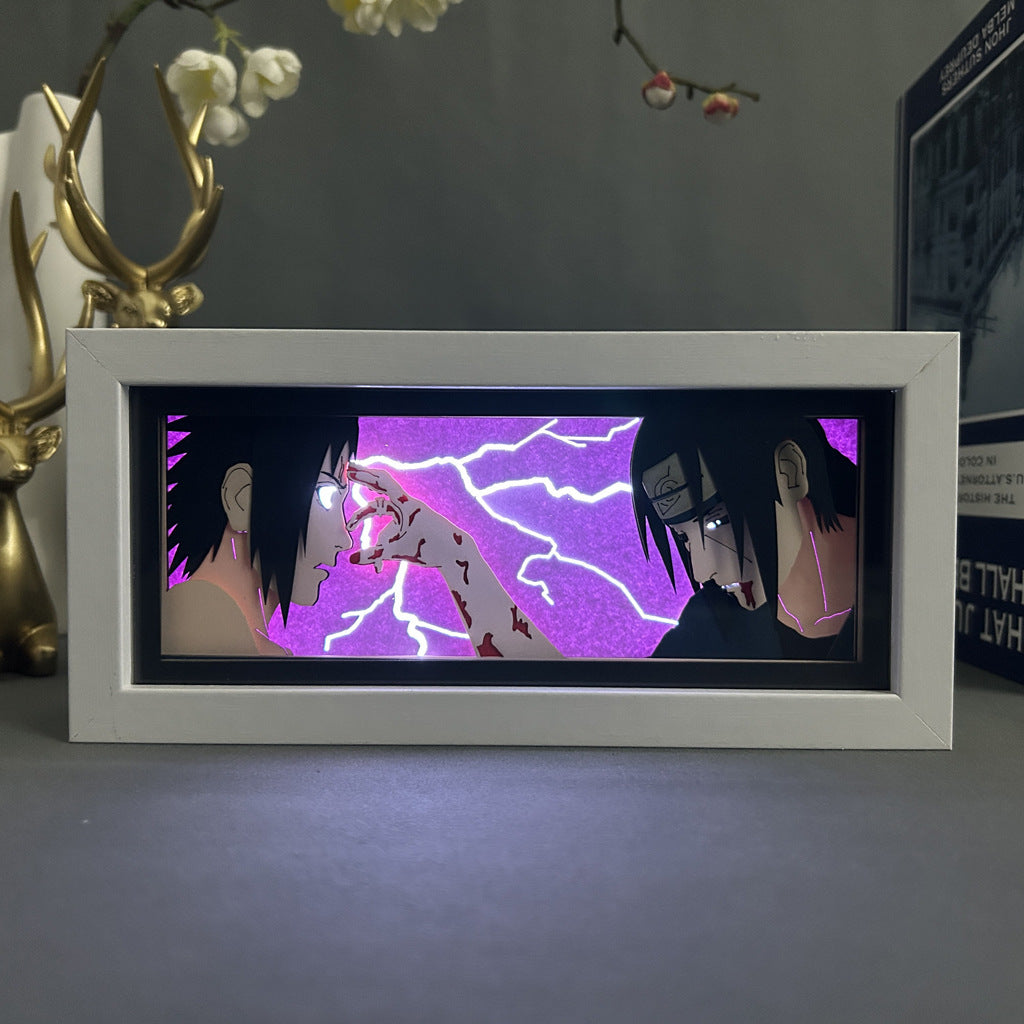 The Sasuke vs Itachi LED Light Box from Naruto is a 3D anime lamp depicting their epic scene in a purple, lightning-filled background. Featuring the duo facing off, one with a glowing eye and the other with blood on his face and clothes, this LED light box is perfect for anime lamp enthusiasts.