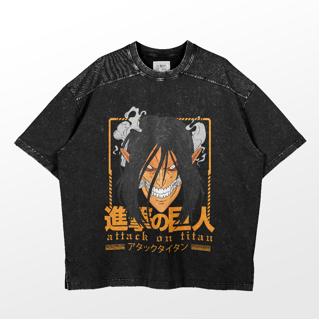 The Eren Yeager Attack Titan T-Shirt by Attack on Titan sports a black graphic design of the character with long hair and exaggerated features, complete with Japanese text artistically placed above and below.