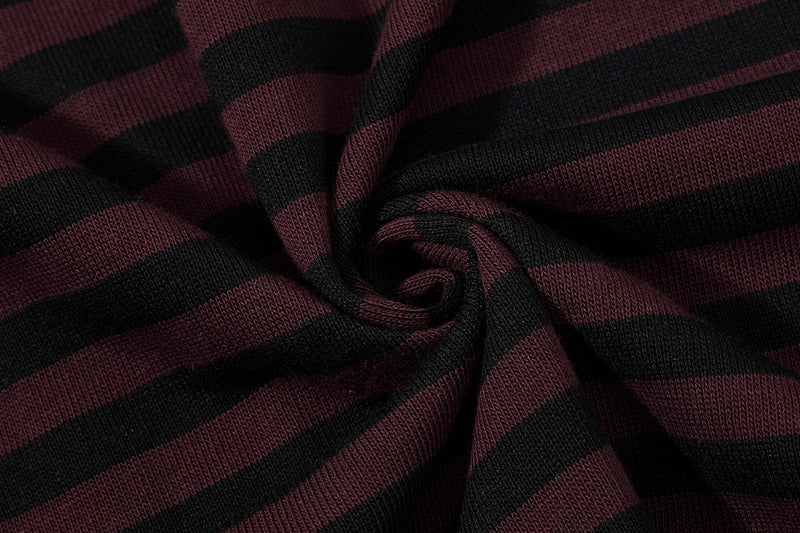 Close-up of burgundy and black striped knit fabric with a soft twisted texture and dark gothic streetwear style