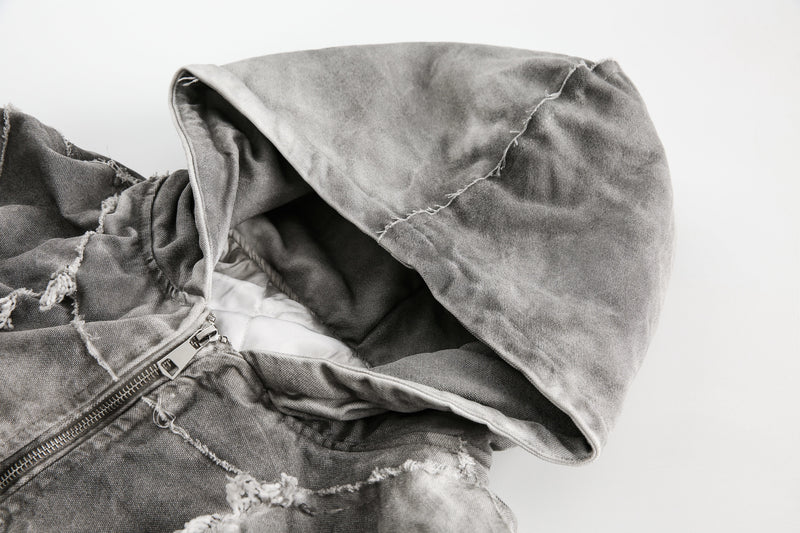 Distressed Patchwork Hoodie Jacket | Washed Streetwear
