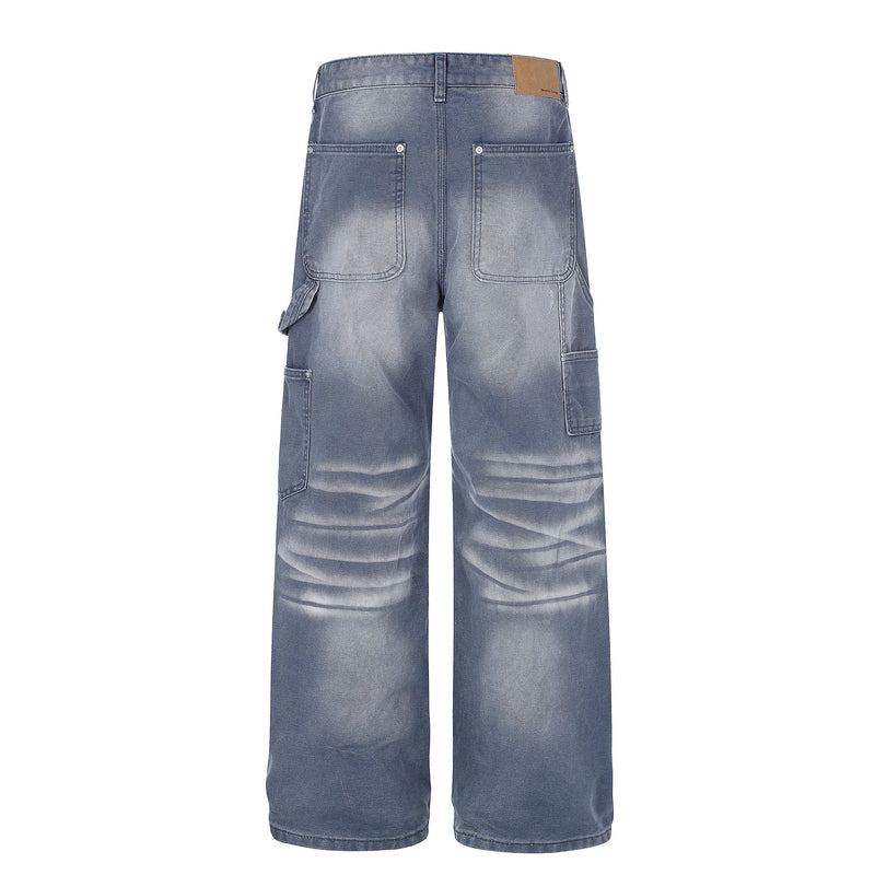 Back view of blue wide-leg denim jeans with patch pockets and cargo pockets