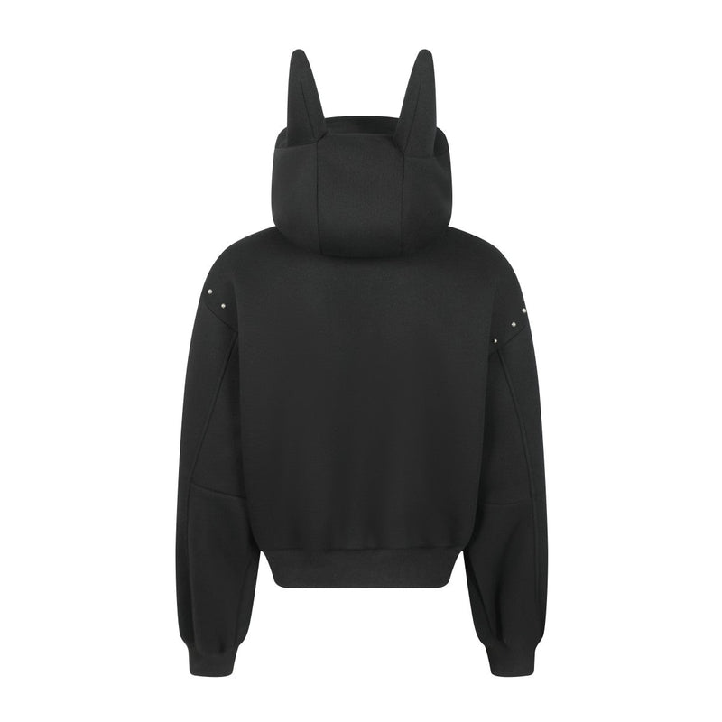 Black back view of oversized hoodie with devil horn hood and ribbed hem