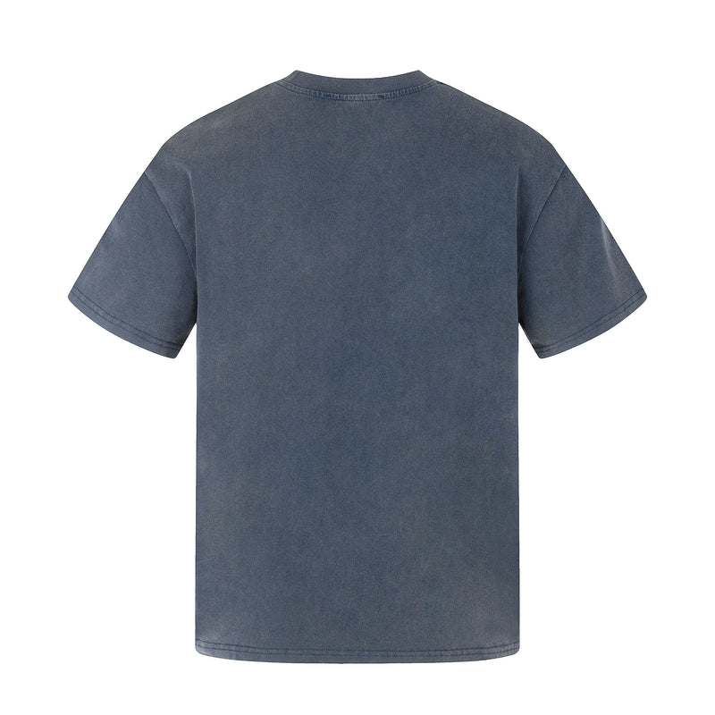 Washed dark gray short sleeve tee with a vintage faded finish and relaxed streetwear fit, back view