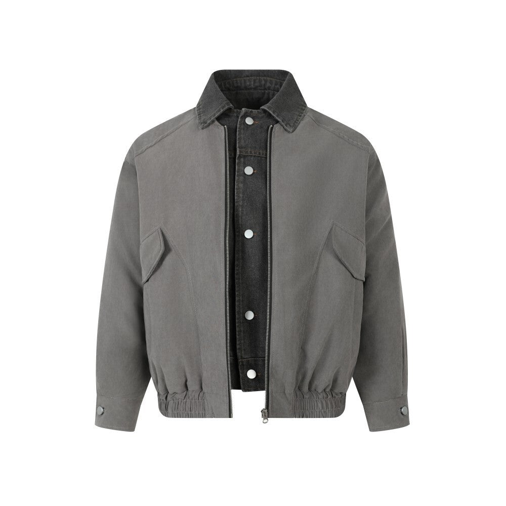 Vintage Contrast-Collar Cotton Bomber Jacket | Washed Gray