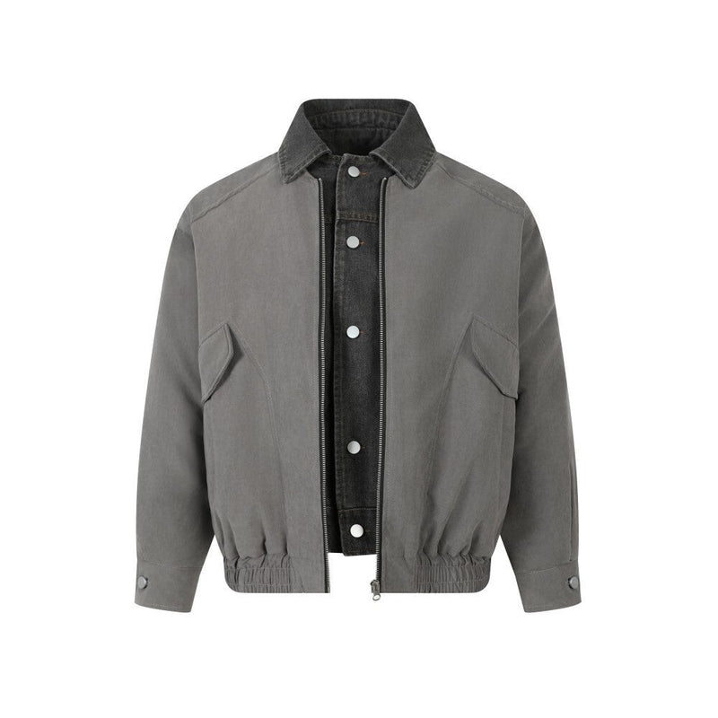 Vintage Contrast-Collar Cotton Bomber Jacket | Washed Gray