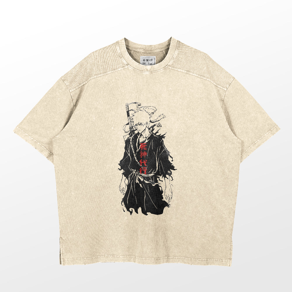 The Bleach Ichigo Kurosaki Soul Reaper Washed Vintage T-Shirt by Bleach features an anime-style character with white hair and a sword, similar to Ichigo, with red Asian characters in the center. Made from 260 GSM high-quality cotton, this beige streetwear piece boasts a unique washed-out look.