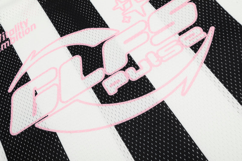 Close-up of pink GLFS Pulse print on black and white striped jersey front