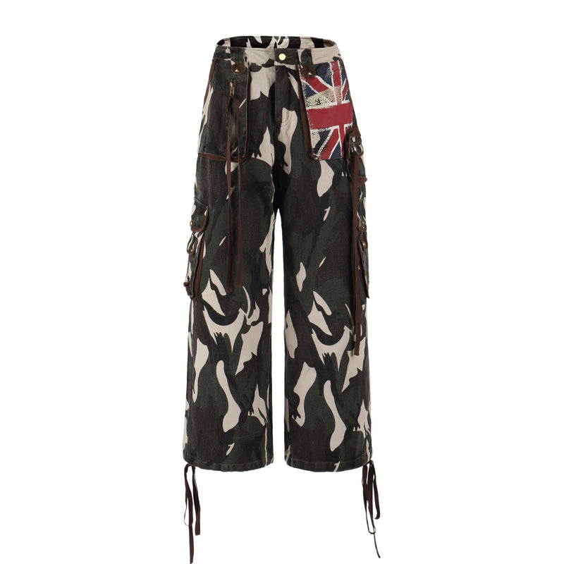 Front view of white and black camo cargo pants with Union Jack patch and side cargo pockets