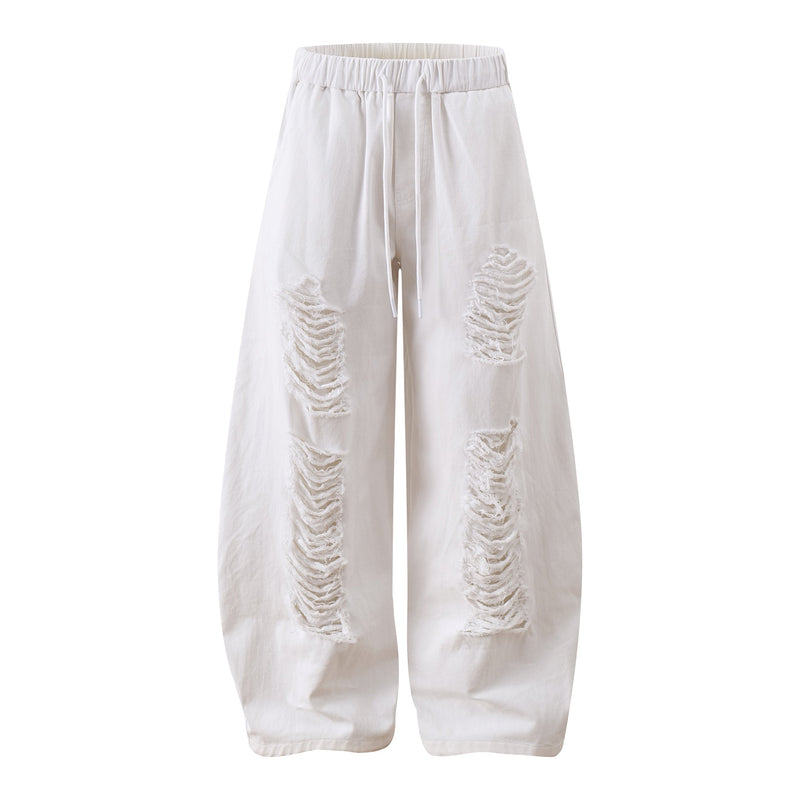 Omirad Distressed Wide-Leg Pants | White Cotton Barrel Fit