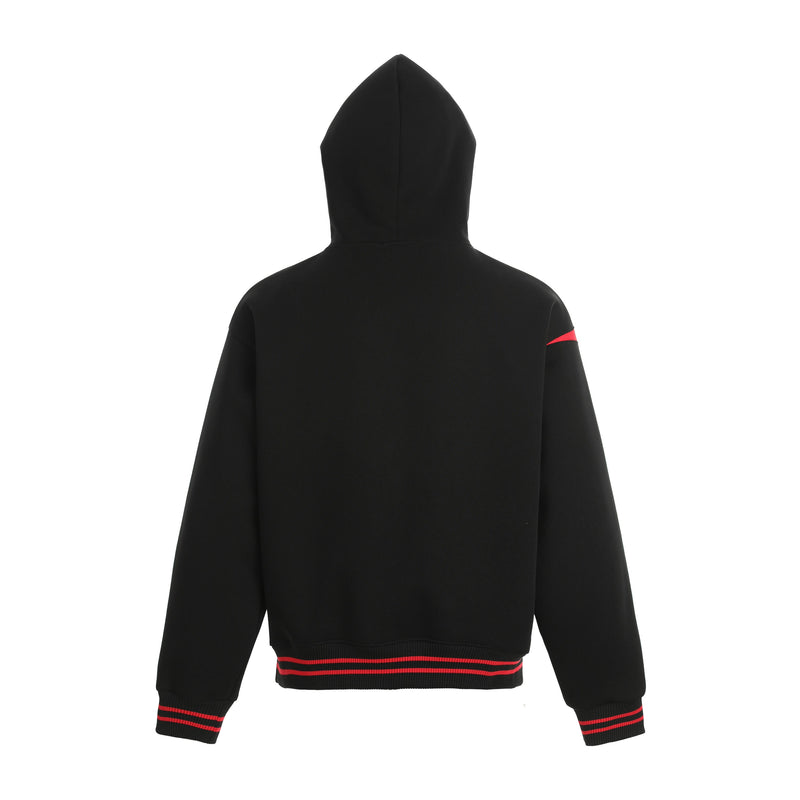 Black fleece hoodie, back view with plain panel and red stripe accents on the shoulders and hem