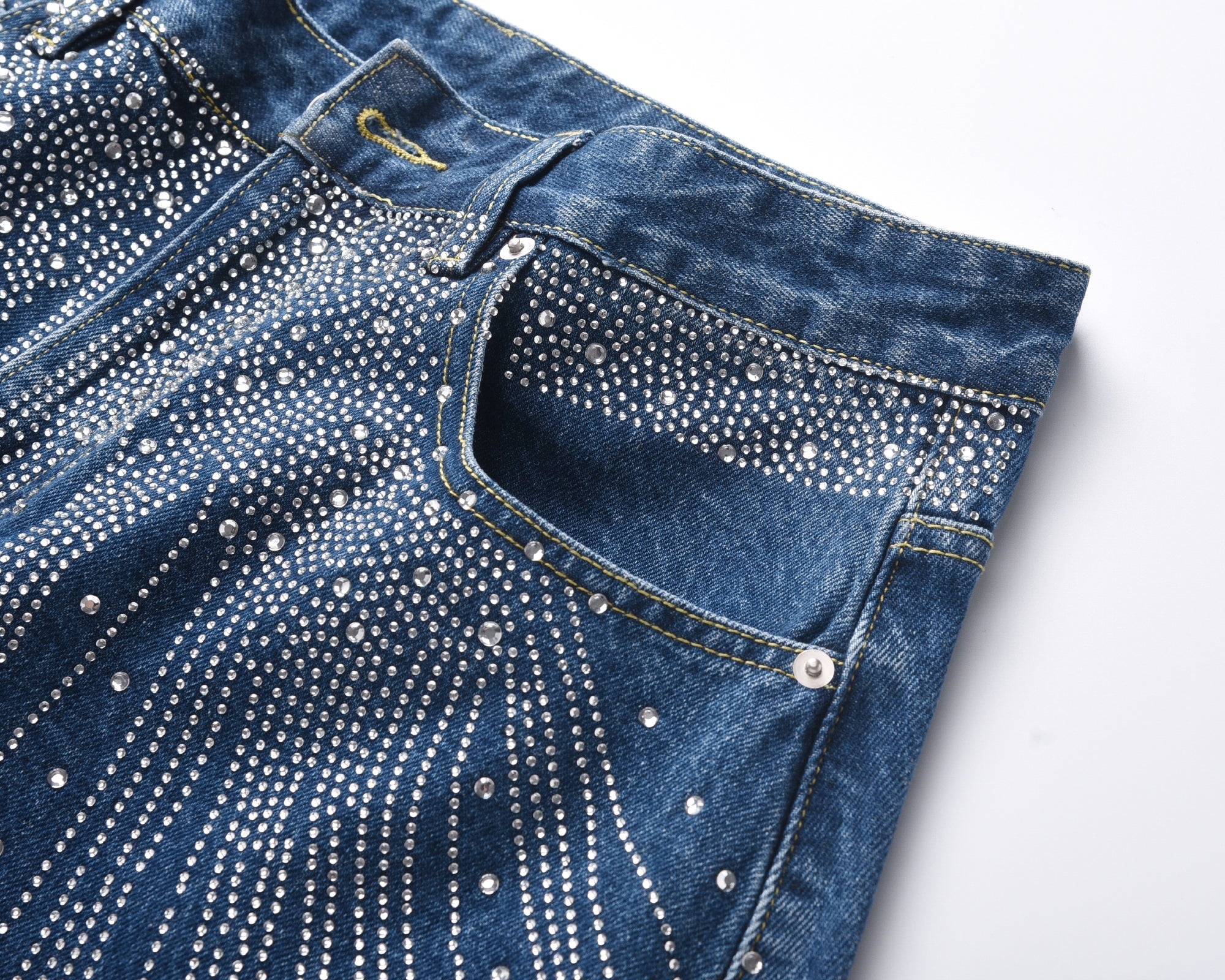 Rhinestone Burst Wide-Leg Black Denim Jeans | Omirad