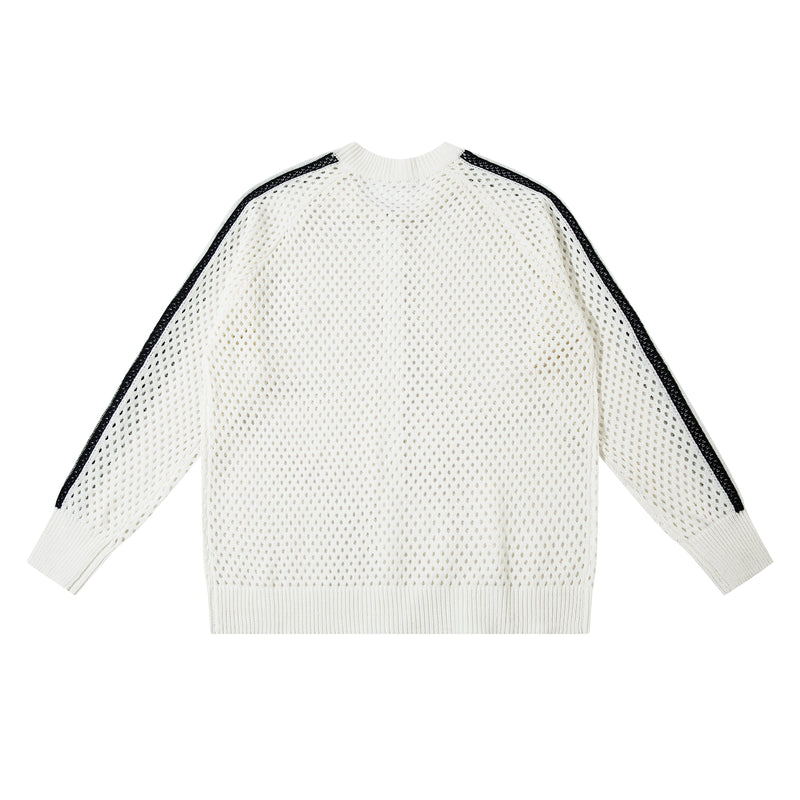 White open-knit zip-up jacket with black shoulder stripes, back view