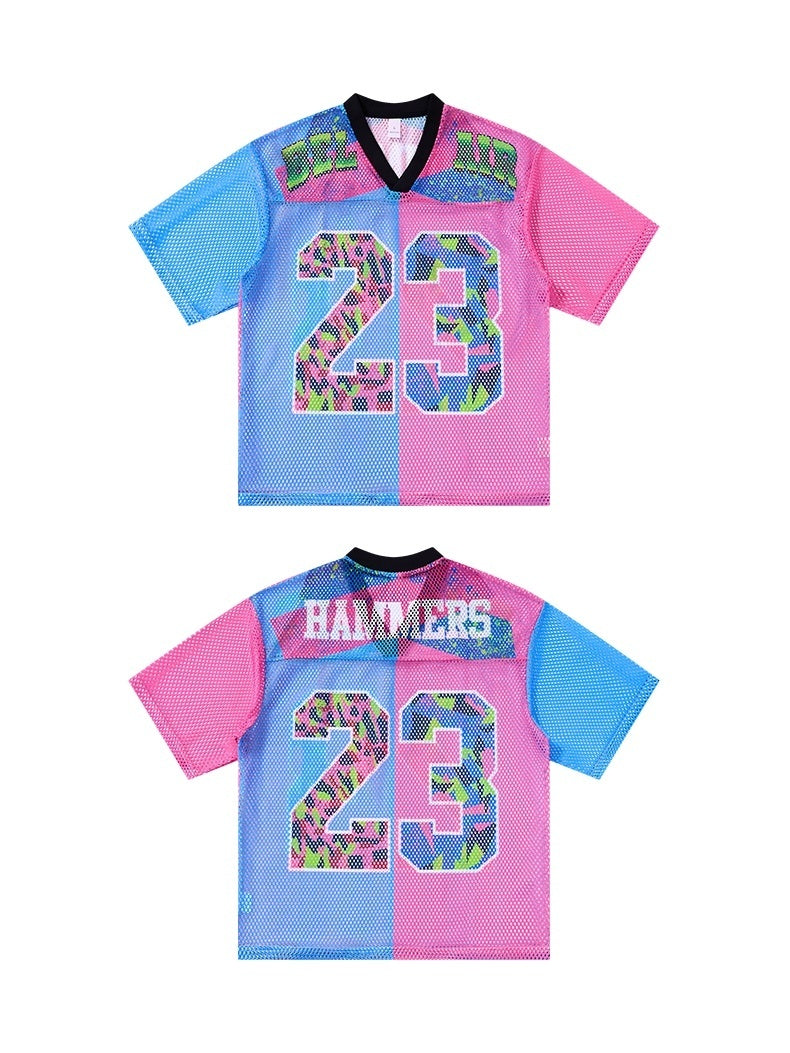 Seakoff Hammers 23 split-color mesh jersey T-shirt in pink and blue with black V-neck and large number 23 print